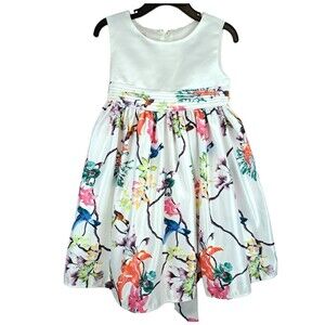 Katie M White Multicolor Girls Dress Size 4T Birds and Flowers White Bright Tie